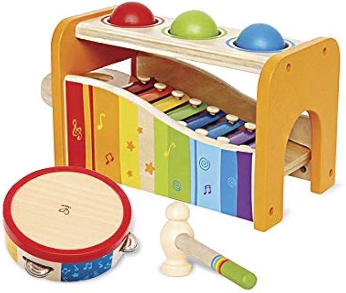 Hape Pound, Tap, & Shake! Music Set - Award Winning Wooden Pounding Bench, Baby Xylophone, and Tap Along Tambourine - Developmental, Non-Toxic, Montessori Musical Toys for Toddlers 1 - 4 Years Old