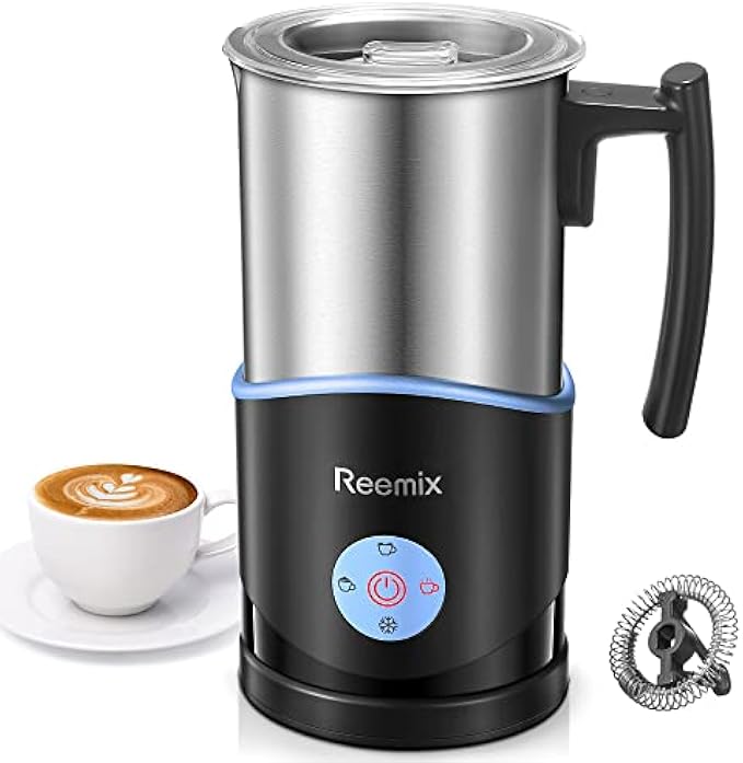 Milk Frother, Reemix 11.8oz Electric Milk Steamer Soft Foam Maker With Large Open,4 IN 1 Multifunction for Hot & Cold Froth, Automatic off & Easy Cleaning,Silent Operation (Blue)