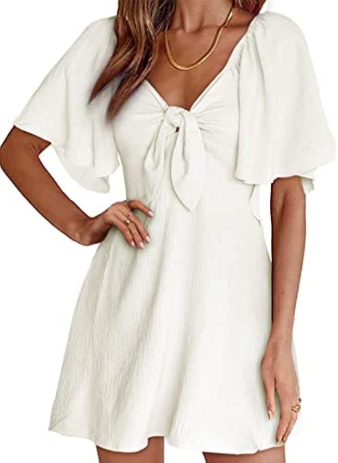 Dokotoo Womens 2023 Spring Summer Deep V Neck Elegant Bow tie Mini Dress S-XL