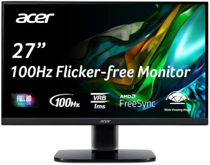 Acer KB272 EBI 27" IPS Full HD (1920 x 1080) Zero-Frame Gaming Office Monitor | AMD FreeSync Technology | Up to 100Hz Refresh | 1ms (VRB) | Low Blue Light | Tilt | HDMI & VGA Ports,Black