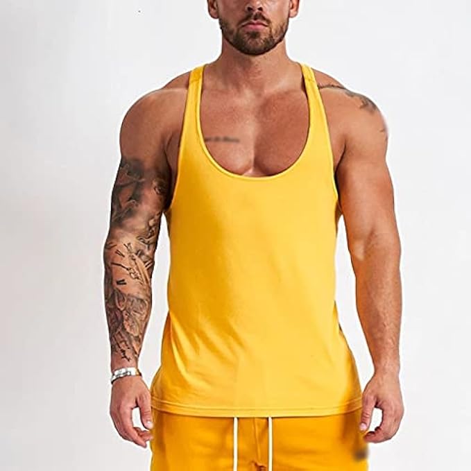PDGJG Summer New Breathable Men's Racer Vest Jogger Gyms Bodybuilding Men's Clothing Fitness Exercise Fashion Sportswear (Color : Yellow, Size : XL Code)