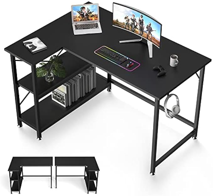 Pyraxis L Shaped Computer Desk, 47 Inch Gaming Desks with Hooks, Corner Desk with Storage Shelves, Office Desk for Small Space, Reversible Desks for Home Office, Black