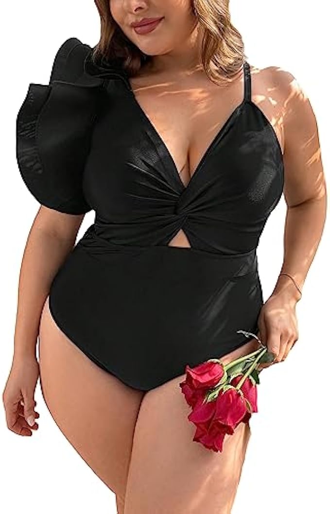 SOLY HUX Women's Onepiece Swimsuit Ruffle Trim Twist Front Bathing Suit Swimwear