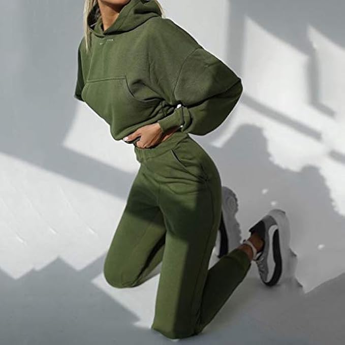 UXZDX 2pcs Long Sleeve Crop Top Hoodies Women Two Piece Outfits Stacked Pants Fashion Clothing Set Tracksuit (Color : B, Size : Medium)