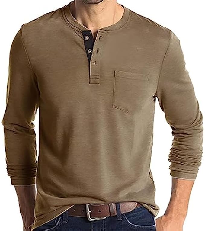 Lexiart Mens Fashion Henley Shirts Long Sleeve Button Cotton T-Shirt with Pocket