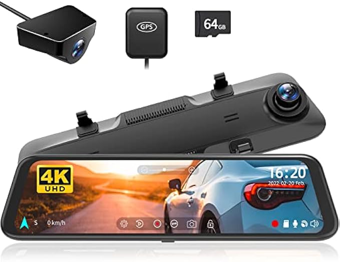 WOLFBOX 12" 4K Rear View Mirror Camera, Smart Full Touch Screen Mirror Dash Cam Front and Rear, Backup Camera with 1080P Rear Camera, Dash Cam with WDR Camera,Night Vision,Free 64GB Card & GPS