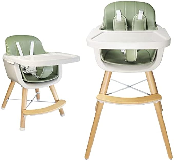 Foho Baby High Chair, Perfect 3 in 1 Convertible Wooden High Chair with Cushion, Removable Tray, and Adjustable Legs for Baby & Toddler (Green)