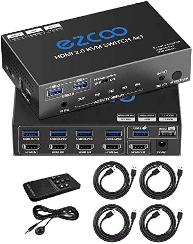 USB 3.0 KVM Switch HDMI 4 Computer 1 Monitor 4K 60Hz SPDIF L/R Hotkey - Share one Set of Keyboard Mouse Printer,1080p 120Hz 144Hz HDCP Bypass,4X USB3.0 Cable,IR Remote Ext. Windows Mac 41KVMP