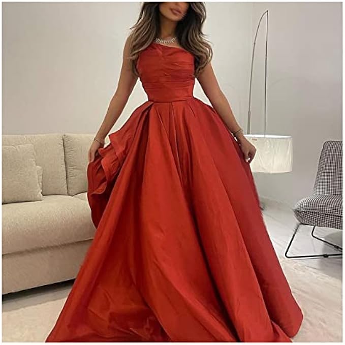 FZZDP Red Satin Evening Dresses Sleeveless A-Line Pleat Ruched Saudi Women Formal Party Prom Gowns (Color : D, Size : 14W)
