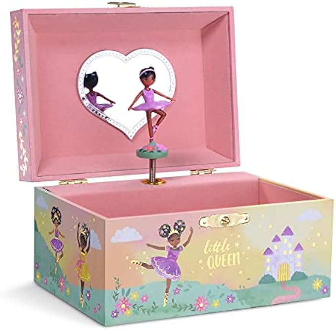 Jewelkeeper Girl's Musical Jewelry Storage Box with Black Ballerina, Little Queen Design with Gold Foil, Swan Lake Tune