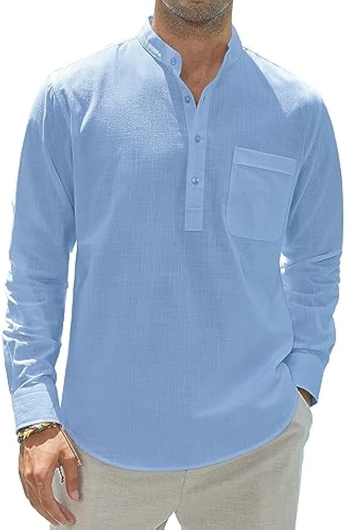 J.VER Men's Cotton Linen Shirts Casual Long Sleeve Henley Shirt Hippie Beach Tops Vacation T Shirts with Pocket