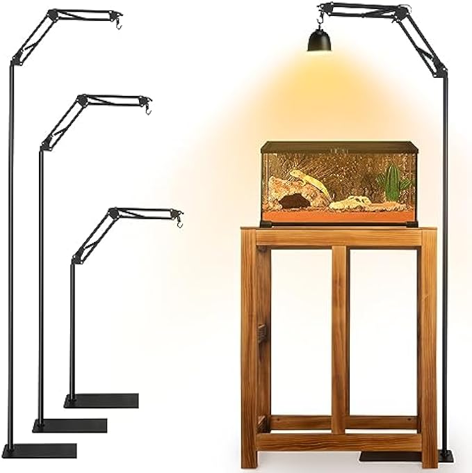 Extra Tall Adjustable Reptile Lamp Stand with Heavy Base for Terrarium Heat Lamps Metal Floor Reptile Light Holder Ficture for Aquarium Tortoise Habitat Bearded Dragon Tank (With Hook)
