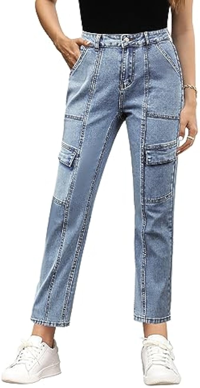 GRAPENT 2023 Jeans for Women Fashion Cargo Pants High Waisted Stretch Straight Leg Distressed Denim Pants