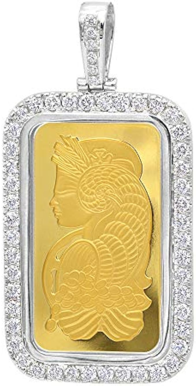 Real 99.9 Gold 1 Ounce Pamp Suisse Bar Lady Fortuna Diamond Pendant 3.75ctw in 24k Gold by Luxurman