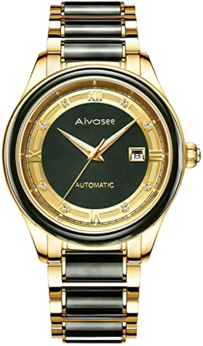 Aivasee Automatic Wrist Watches for Men Black Jade Dial Watches with Stainless Steel Band, Jewelry Luxury Rhinestones Dress Watch with Date Window (Model: AH6023B)