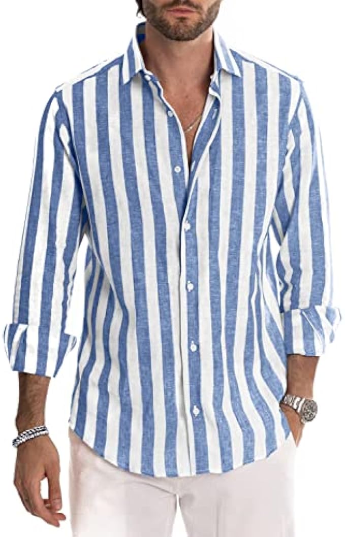 JMIERR Men's Linen Shirts Casual Long Sleeve Button-Down Striped Dress Shirt