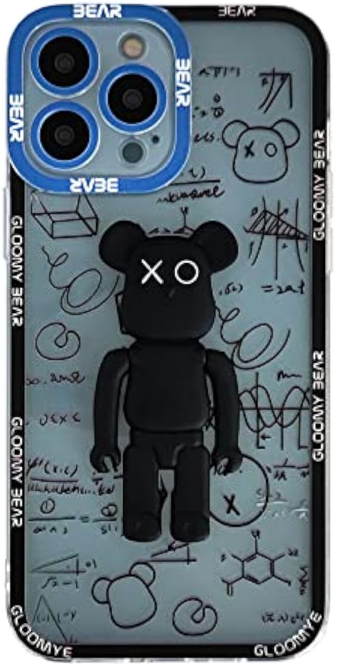 Cool iPhone 14 Pro Case 3D Bear with Kickstand Designer for Boys Kids Men, Street Fashion Soft Slim TPU Camera Lens Protection Clear Cover for iPhone 14 Pro - Black Bear