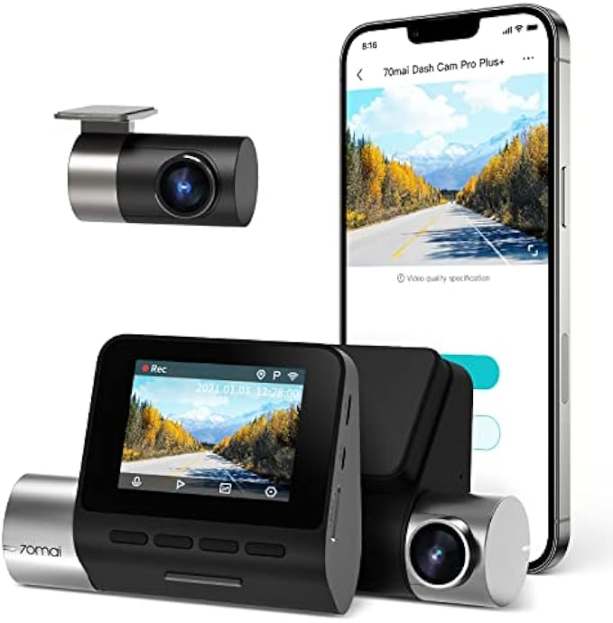 70mai True 2.7K 1944P Ultra Full HD Dash Cam Pro Plus+ A500S, Front and Rear, Built-in WiFi GPS Smart Dash Camera for Cars, ADAS, Sony IMX335, 2'' IPS LCD Screen, WDR, Night Vision