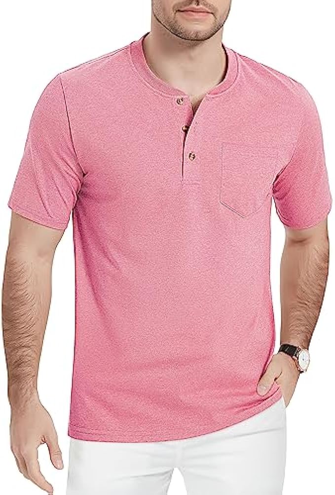 MAGCOMSEN Mens Henley Shirt Short Sleeve Cotton 3 Button Round Neck T Shirt with Pocket Casual Plain Summer Daily Shirt
