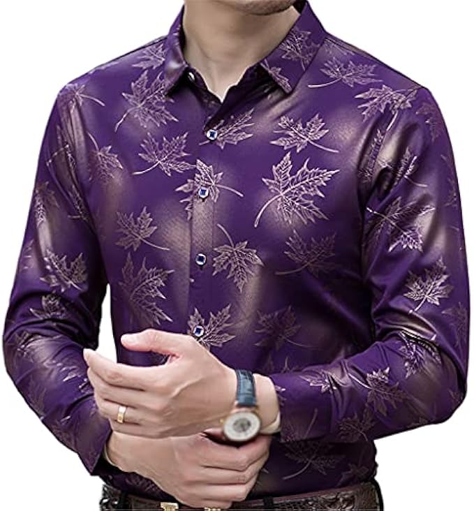 PDGJG Long Sleeve Maple Leaf Designer Shirts Men Slim Fit Vintage Fashions Men's Shirt Man Dress Clothing (Color : Purple, Size : 2XL)