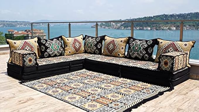 4" Thick L Shaped Floor Couch, Arabic Sofa Seating, Floor Pillow, Sectional Sofa Set, Patio Furniture, Arabic Majlis (L Sofa + Rug, 8'' Thickness (20 cm))