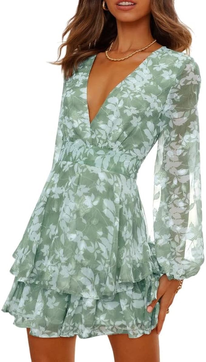 Dokotoo Womens 2023 Summer Spring V Neck Ruffle Chiffon Elegant Tie Knot Mini Short Swing Skater Dresses