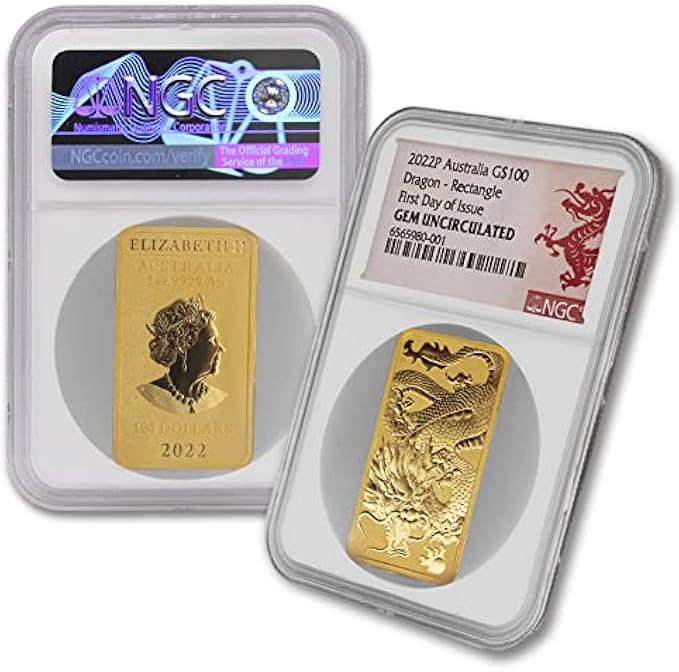 2022 P 1 oz Australian Gold Dragon Bar Gem Uncirculated (GEMUNC - First Day of Issue) 24K $100 NGC Mint State