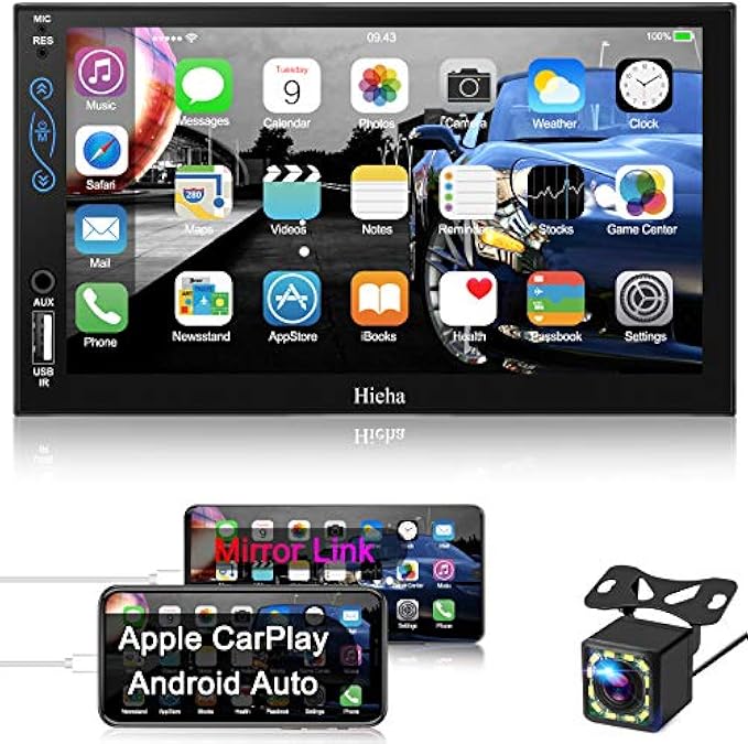 Hieha Car Stereo Compatible with Apple Carplay and Android Auto, 7 Inch Double Din Stereo with Bluetooth, Touch Screen Radios MP5 Player with A/V Input, Backup Camera, Mirror Link, SWC