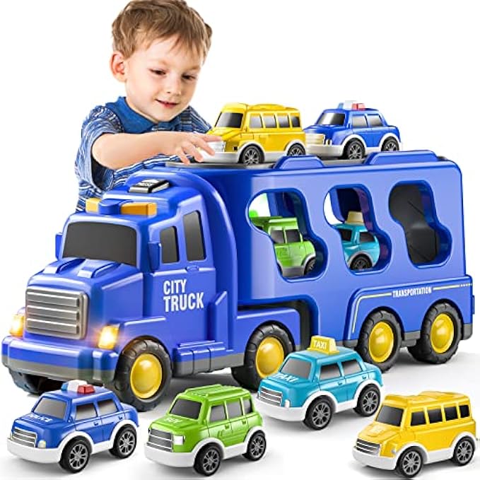 Trucks Toddler Boy Toys Cars for Toddlers 1-3 - 4-in-1 Kids Toys for 3 4 5 6 Years Old Boys Transport Vehicle Carrier Truck, Car Toys Set for Age 3-9, Christmas Birthday Gifts