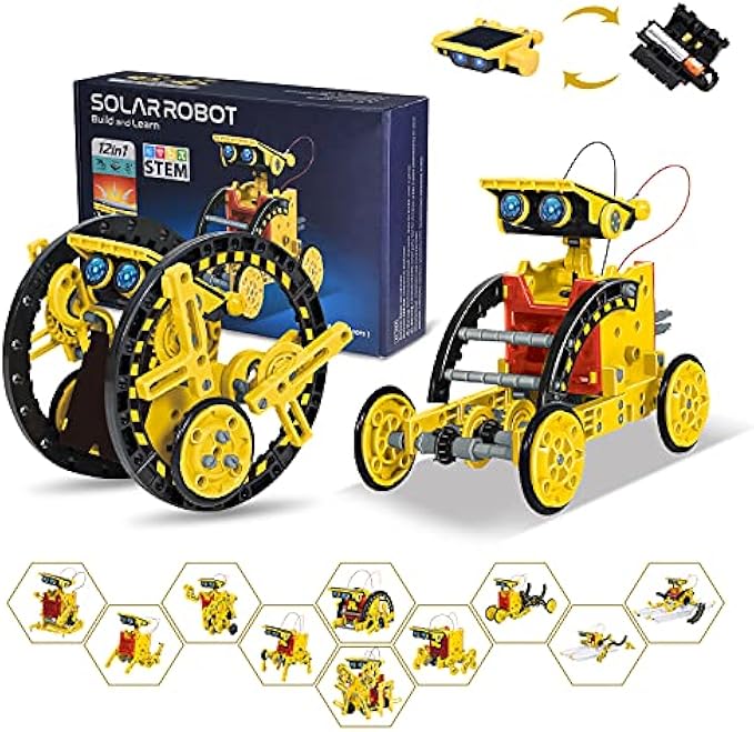 Solar Robot Kit for Kids Age 8-12, STEM Building Toys,12-in-1 Build Your Own Robot with Solar Panel & Battery Power, Science Engineering Christmas Birthday Idea Gifts for Boy Age 8 9 10 11 12