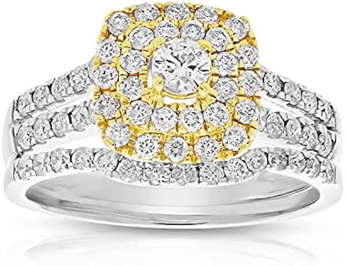 VIR JEWELS 1 cttw Diamond Wedding Bridal Ring Set 14K Two Tone Gold Cushion Halo Engagement