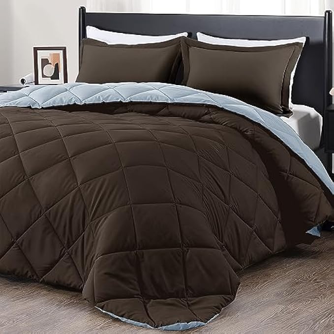 downluxe Queen Comforter Set - Brown and Blue Queen Comforter, Soft Bedding Comforter Sets for All Seasons, Queen Bed Comforter Set - 3 Pieces - 1 Comforter (88"x92") and 2 Pillow Shams(20"x26")