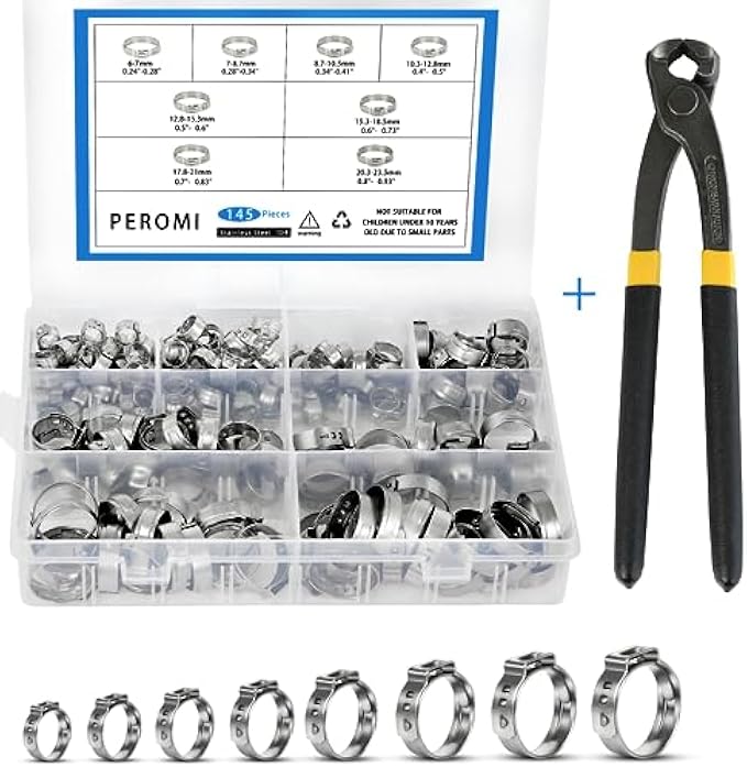 PEROMI 145pcs Single Ear Hose Clamp with Ear Clamps Pincer, 8 Size 6-23.5mm 304 Stianless Steel Cinch Clamp Rings Assortment Kit for PEX Tube Fitting Connections
