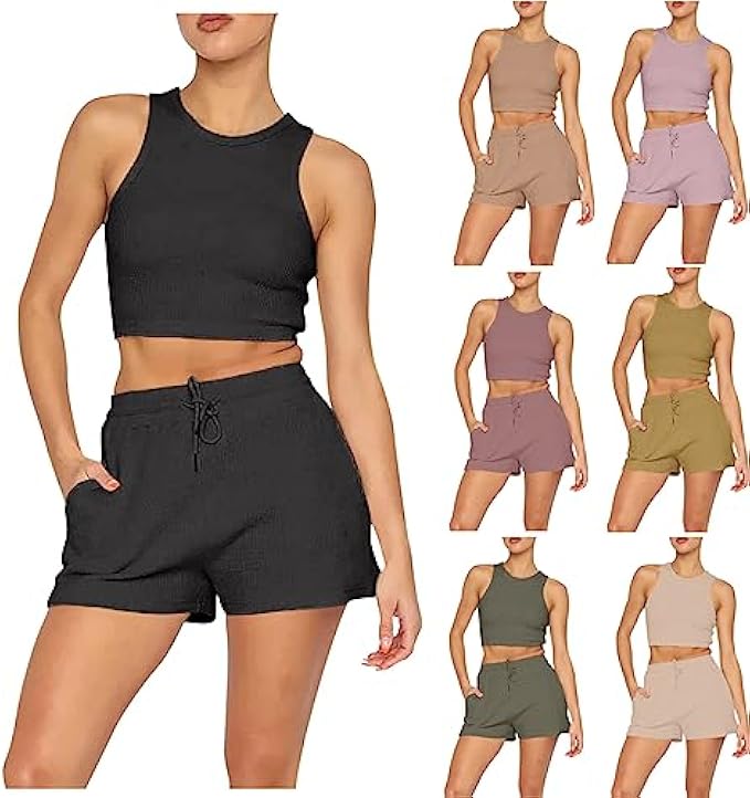 HTHLVMD Womens Two Piece Sleeveless Outfits High Neck Knitted Sweater Tank Tops with Drawstring Beach Shorts Sets