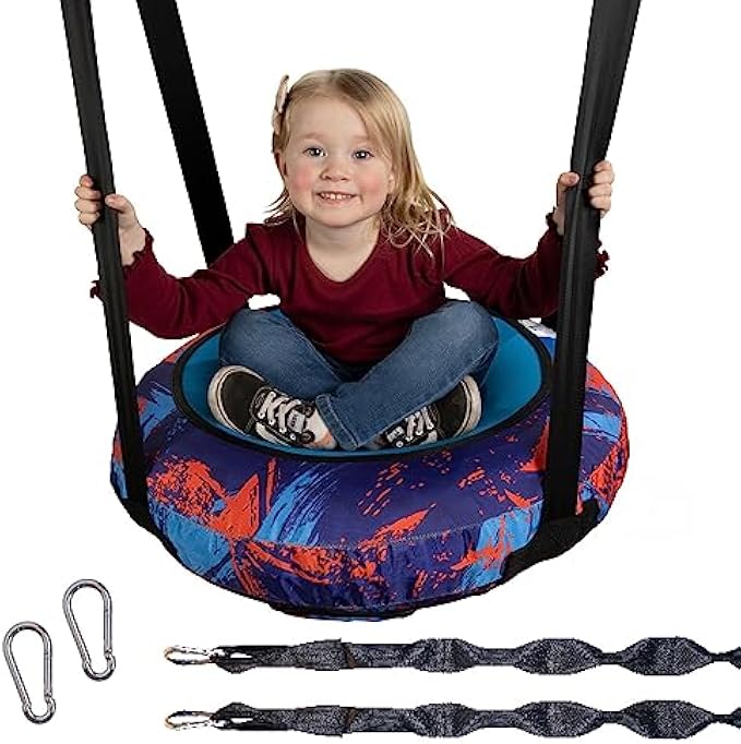 Squirrel Products Air Swing Inflatable Saucer Swing - Adjustable and Lightweight Indoor and Outdoor Swing for Kids Ages 3+, Great Addition to Any Playground, Treehouse, or Jungle Gym - 26" Blue/Red
