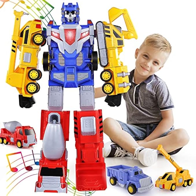 SNAEN Toys for 3 4 5 6 7 Year Old Boys - Construction Vehicles Transform Robot Kids Toys, STEM Building Toddler Toys for Kids Ages 4-8 w/Pull-Back Toys, 5-in-1 Trucks Gifts for Boys Girls