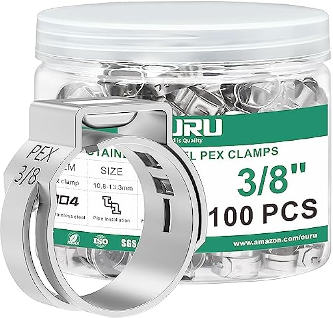 OURU 100PCS 3/8 Pex Crimp Rings,Stainless Steel Pex Cinch Clamps,Single Ear Hose Clamps for Pex Fittings Pipe Tubing