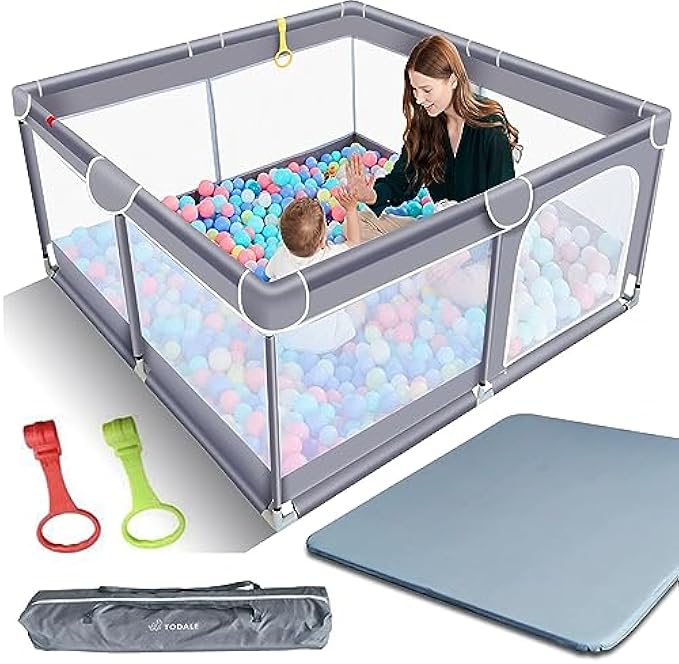 TODALE Baby Playpen with Playmat- Safe Sturdy Anti-Slip, No Gaps Play Yard for Floor, Baby, Toddler, Infant, Child, Indoor & Outdoor, Self-Inflatable Foldable Mat, Play Pen & Play Mat (Gray,50”×50”)