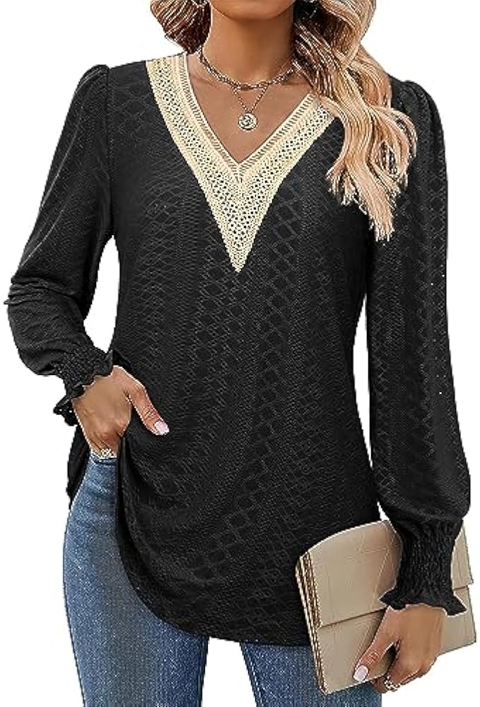 Bulotus Women's Lace V Neck Eyelet Tops Business Casual Blouses Smocked Puff Long Sleeve Fall Tops
