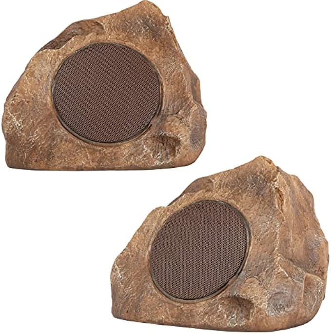 Homewell Outdoor Rock Speaker Solar-Powered Wireless Bluetooth 5.0 Portable Speaker Weatherproof for Patio, Pool, Deck, Yard, Garden and Home (2-Pack, Brown)