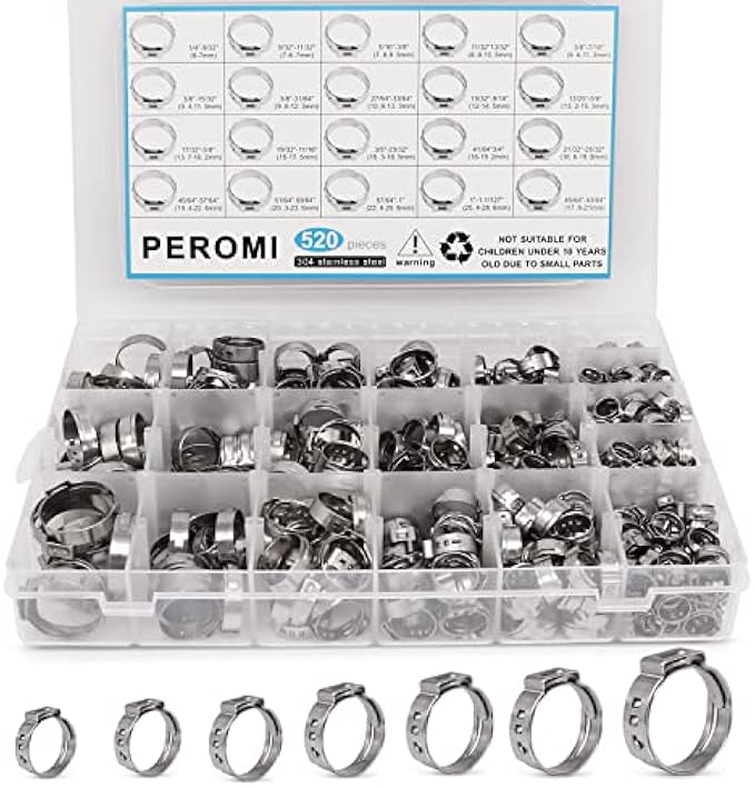 PEROMI 520 Pcs PEX Cinch Clamps Ring, 20 Sizes 1/4-1 Inch Stainless Steel Single Ear Stepless Hose Clamps Assortment Kit for Water Pipe, Plumbing and Automotive Use