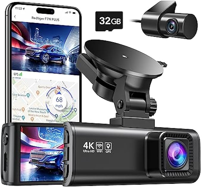 REDTIGER Dash Cam Front Rear, 4K/2.5K Full HD Dash Camera for Cars, Free 32GB SD Card, Built-in Wi-Fi GPS, 3.18” IPS Screen, Night Vision, 170°Wide Angle, WDR, 24H Parking Mode