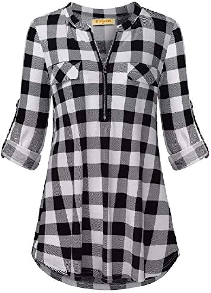 MIXJOY Baikea Women's 3/4 Sleeve V Neck Plaid Shirt Casual Tunic Blouse with Chest Flaps