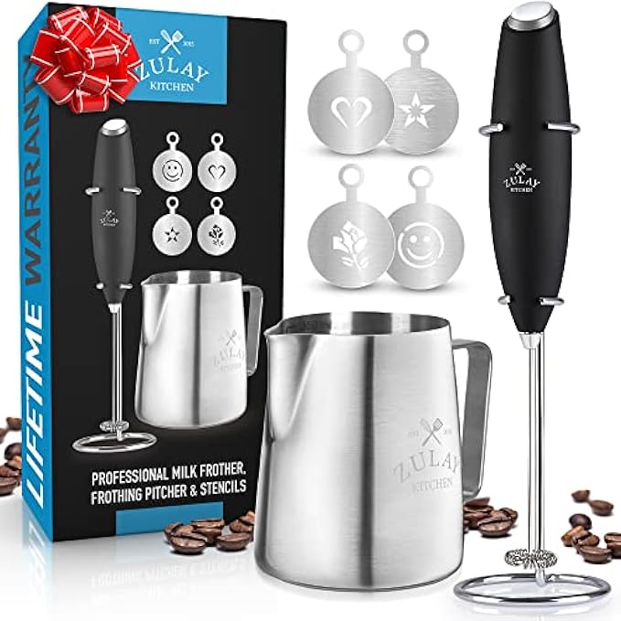 Zulay Milk Frother Complete Set Coffee Gift, Handheld Foam Maker for Lattes - Whisk Drink Mixer for Coffee, Mini Blender for Cappuccino, Frappe - Includes Frother, Stencils & Frothing Cup (Black)