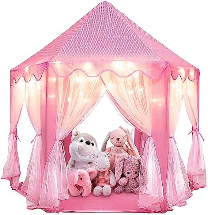 ORIAN Princess Castle Playhouse Tent for Girls with LED Star Lights – Indoor & Outdoor Large Kids Play Tent for Imaginative Games – ASTM Certified, Princess Tent, 230 Polyester Taffeta. Pink 55"x53".
