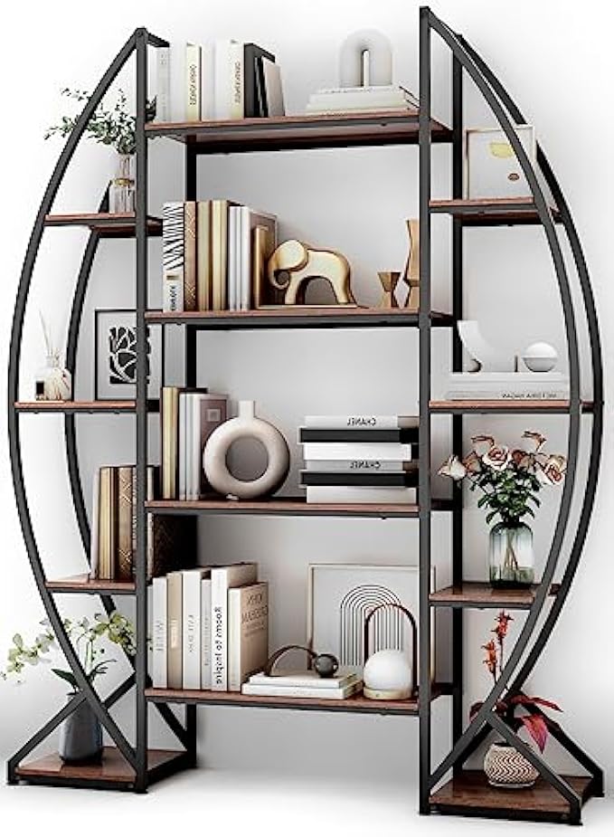 Moozerka 5 Tier Oval Bookshelf Industrial Tall Bookcase, Free Standing Bookshelves Storage for Books, Photos, Decorations, Farmhouse Wood and Metal Display Shelves for Living Room Bedroom Office