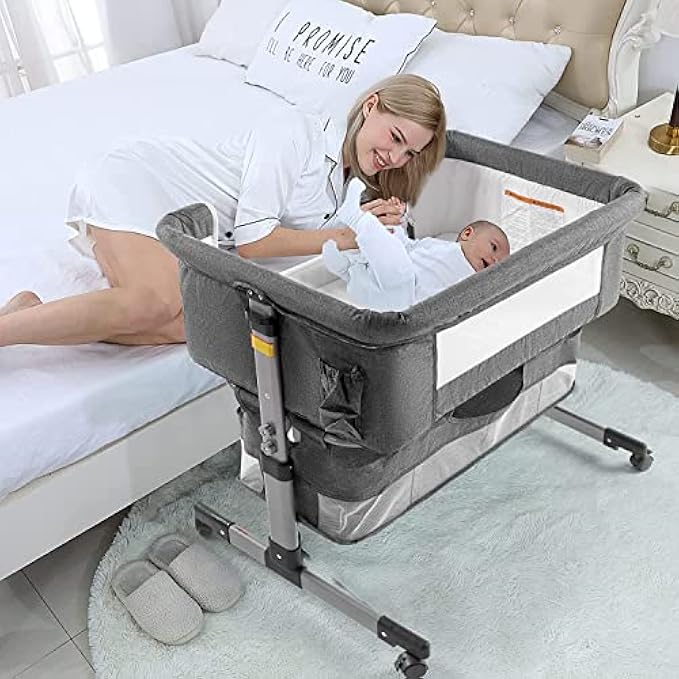 Baby Crib,3 in 1 Bedside Crib Adjustable Portable Bed for Infant,Baby Bassinet Baby Newborn Must Have Bed,Grey