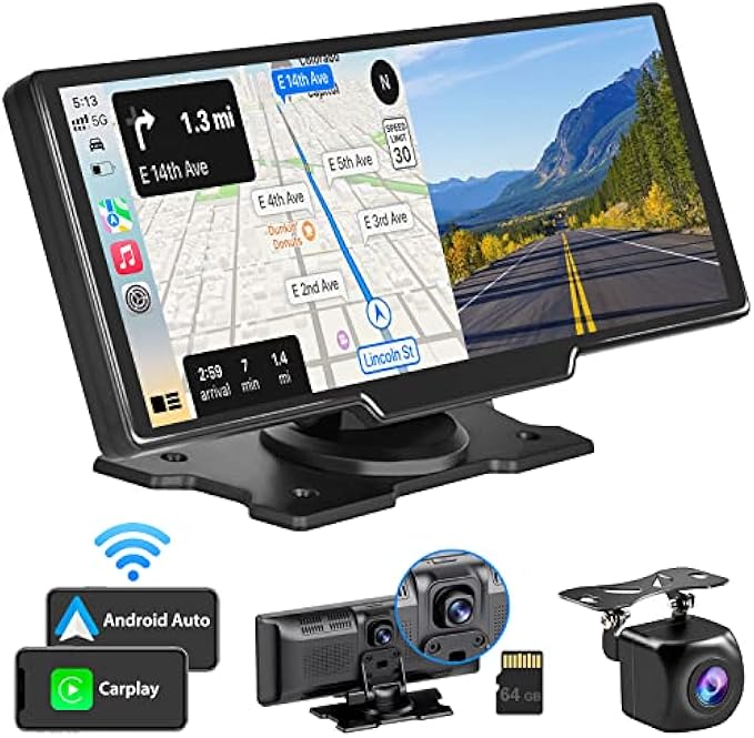 Westods Portable Wireless Carplay Car Stereo with 2.5K Dash Cam - 9.3" HD IPS Screen, Android Auto, 1080p Backup Camera, Loop Recording, Bluetooth, GPS Navigation Head Unit, Car Radio Receiver