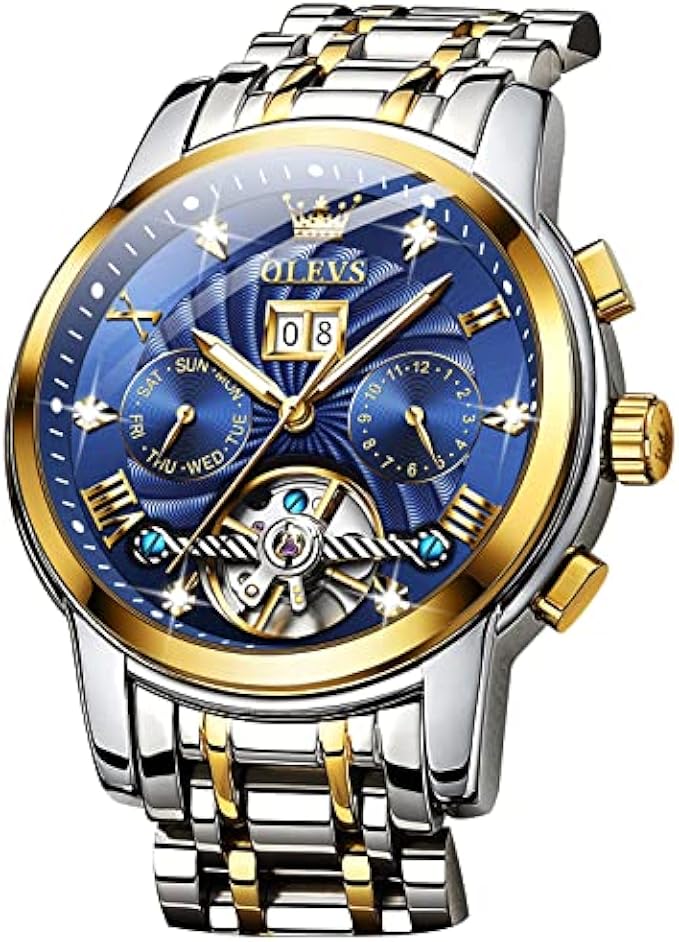 OLEVS Automatic Watches for Men Diamond Skeleton Mechanical Tourbillon Self Winding Luxury Dress Wrist Watches Calendar Luminous Waterproof