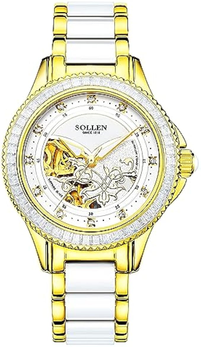 SOLLEN Women's Skeleton Watch, Automatic Mechanical Wrist Watch with Stylish Ceramic Strap, Luminous, 30M Water Resistance, Dazzling Diamond Accents, Ideal Gift for Ladies